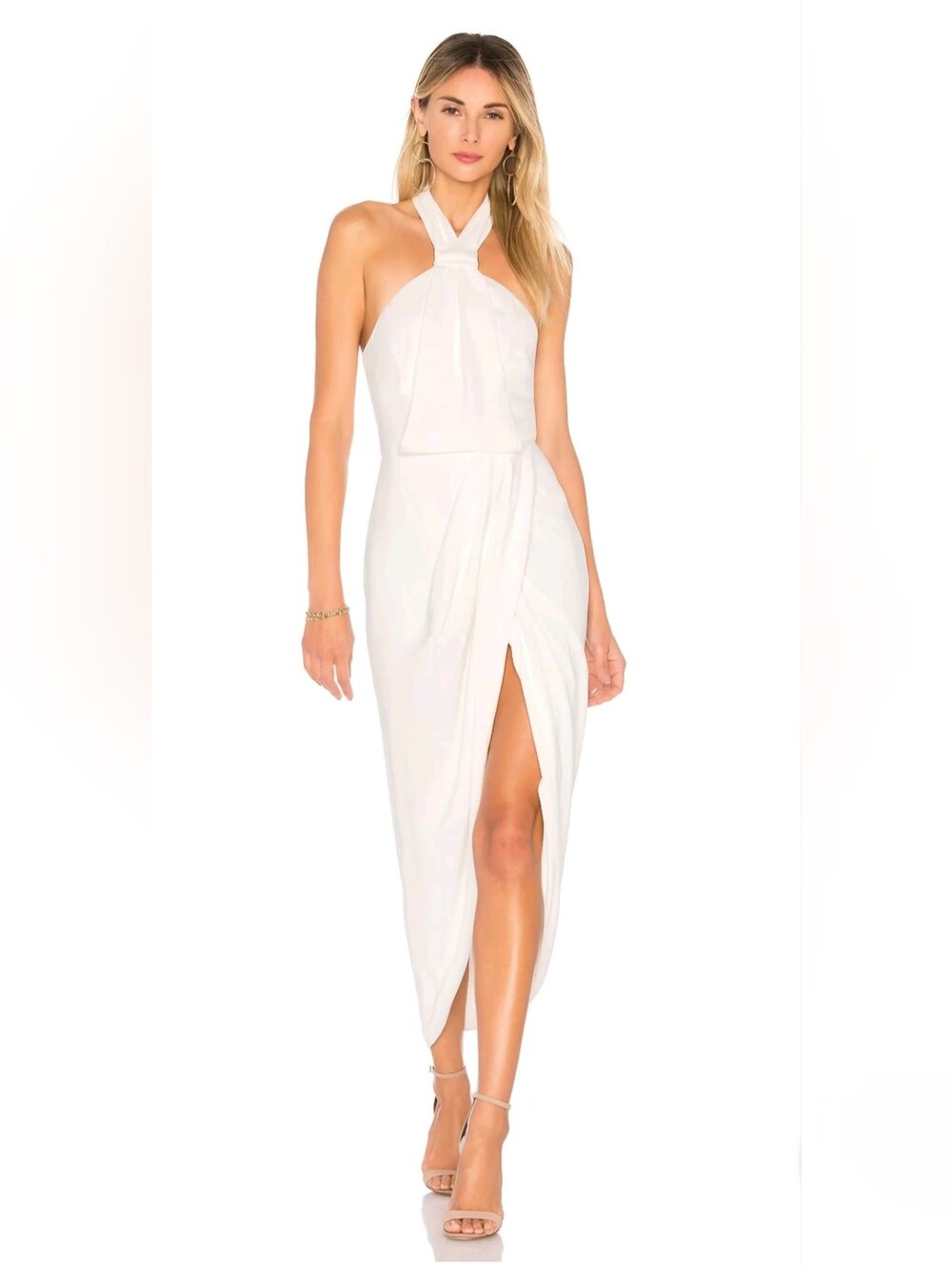 Shona Joy Core Knot Sleeveless White Halter Midi Dress with Front Slit Sz 12